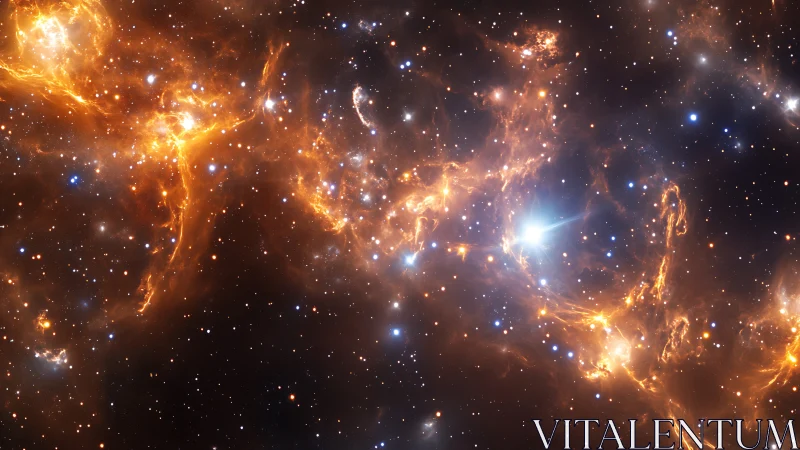 Starfield with bright nebula filaments and glowing dust clouds.