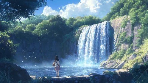 Soft summer waterfall welcomes a quiet girl’s gentle wonder