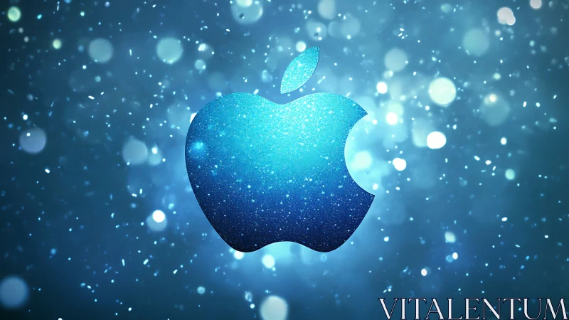 Glitter-textured apple logo rendered in luminous blue particle field