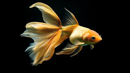 Golden silk-tailed goldfish drifting through midnight water.