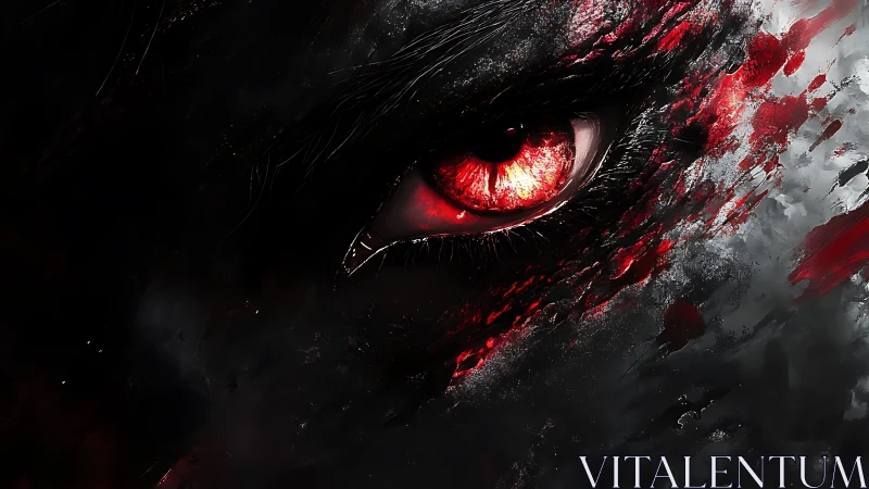 Predator eye glows red amid dark abstract textured strokes