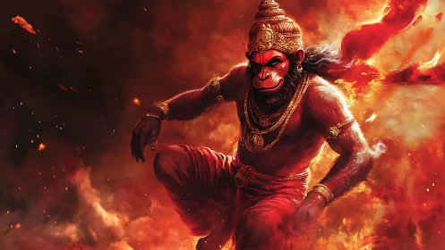 Fiery warrior monkey-god storms through blazing celestial inferno.