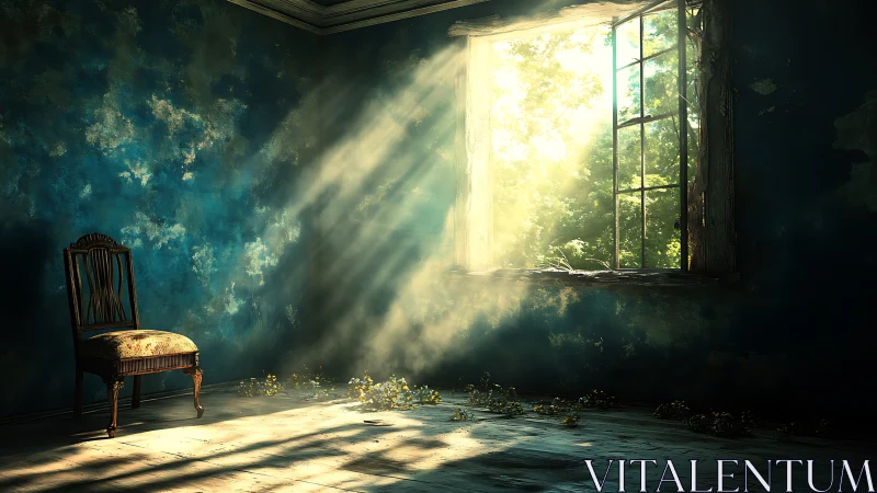 Sunlit dust pirouettes through an abandoned teal chamber