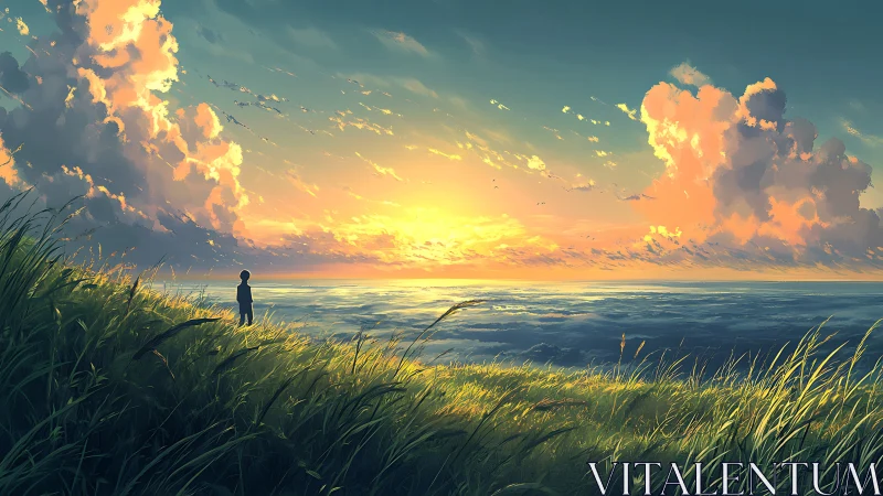 Sunset daydreamer on windswept cliff above a painted sea.