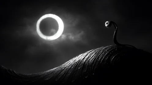 Moonlit watcher curls beneath a glowing ghostly haloed ring.