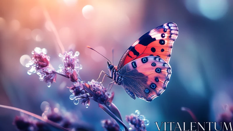 Radiant butterfly rests on dewy blossoms in dreamy light.