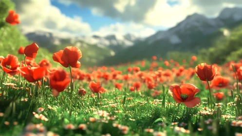 Alpine Meadow Red Poppies Against Mountain Backdrop.