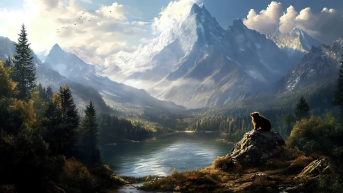 Solitary bear overlooking sunlit alpine lake and peaks.