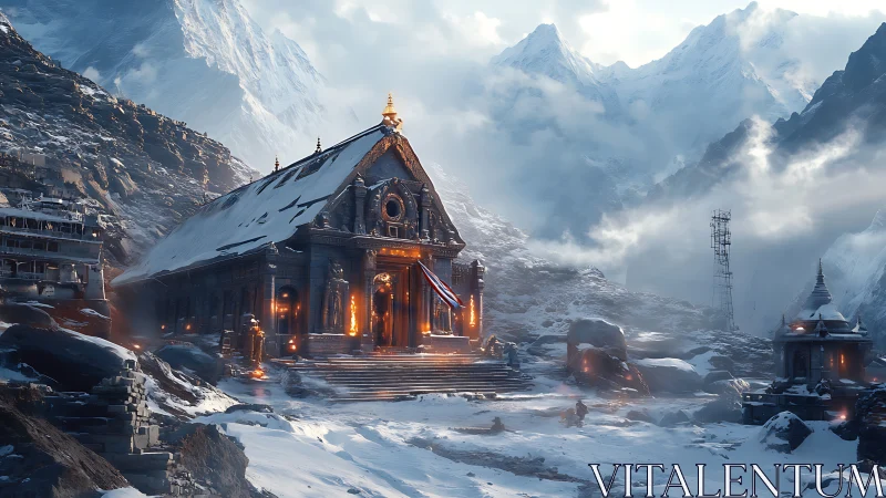 Mountain temple structure in winter landscape at dusk.