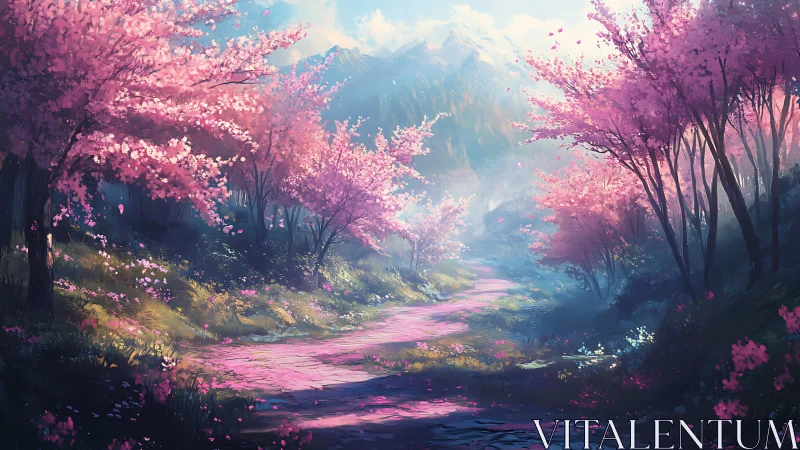 Cherry blossom forest path under soft mountain light.