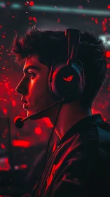 Esports gamer profile in red cinematic rim lighting.