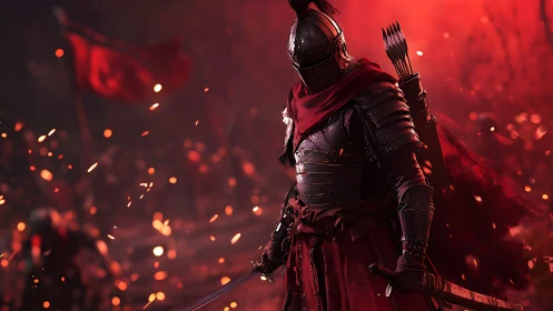 Armored swordsman in red-lit battlefield environment.