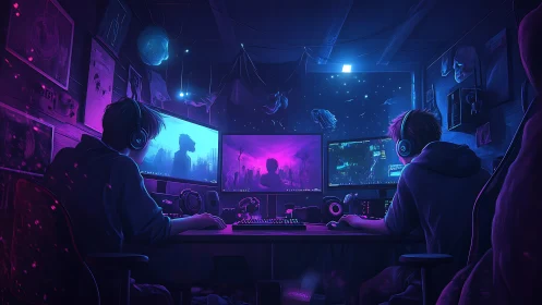 Neon bunkers of brotherly gamers in midnight cyberspace.