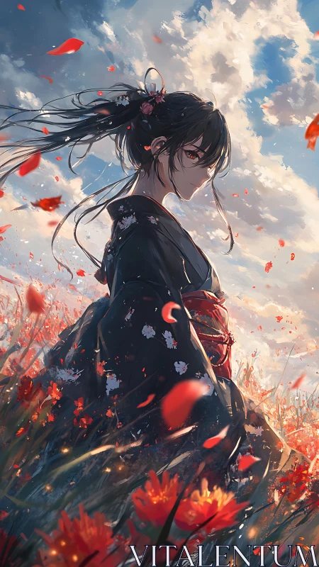 Atmospheric anime portrait in dynamic floral field lighting.