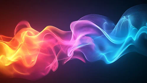 Vibrant neon light waves flow across a deep digital void