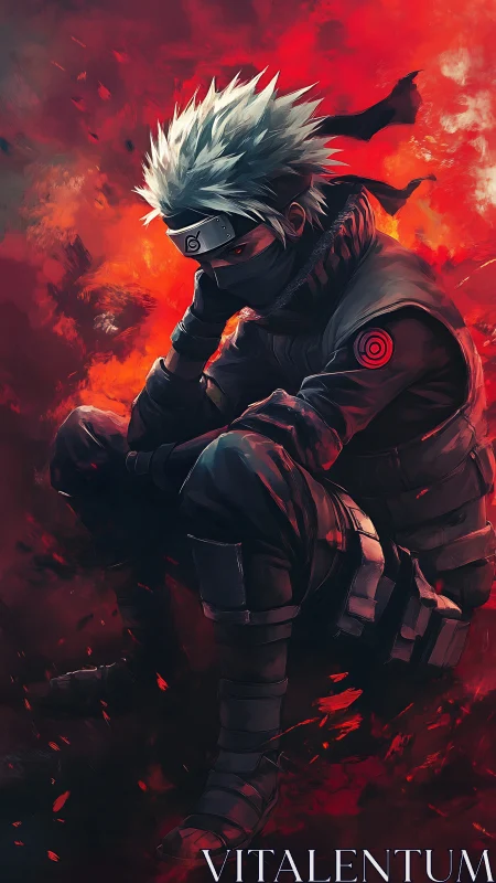 Stoic masked warrior resting amid swirling crimson fire.
