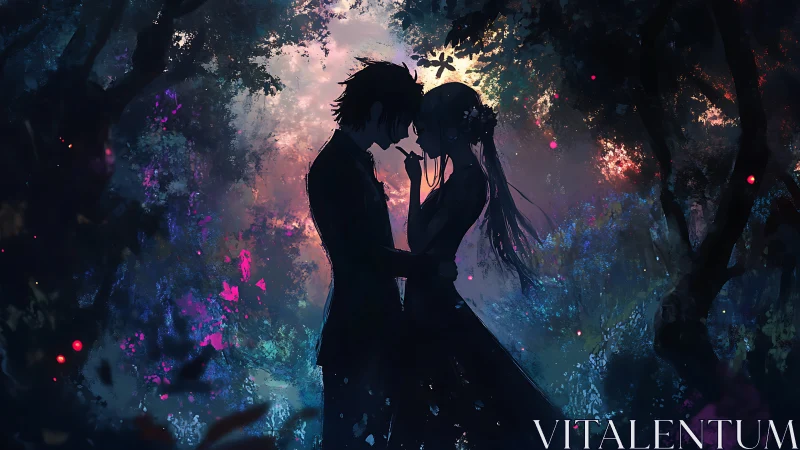 Silhouetted couple stands close in colorful glowing forest