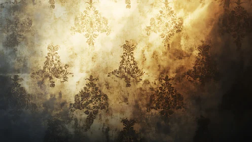 Aged baroque damask wallpaper with warm directional lighting