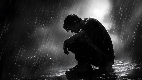 Solitary figure kneels in heavy rain, lost in deep sorrow.