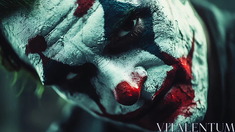 Brooding clown close‑up with cracked paint and feral grin.