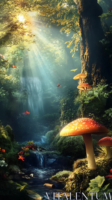 Sunlit forest waterfall illuminates vibrant magic mushrooms