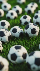 Many black and white soccer balls scattered on green grass.