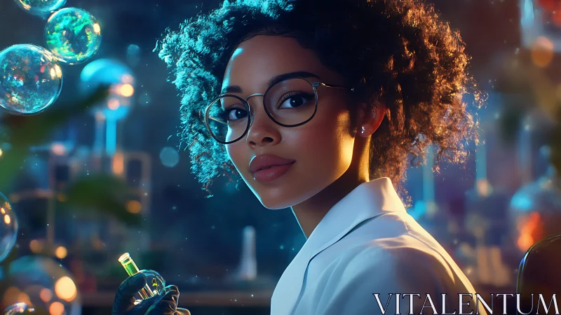 Digital portrait of young scientist in luminous lab setting.