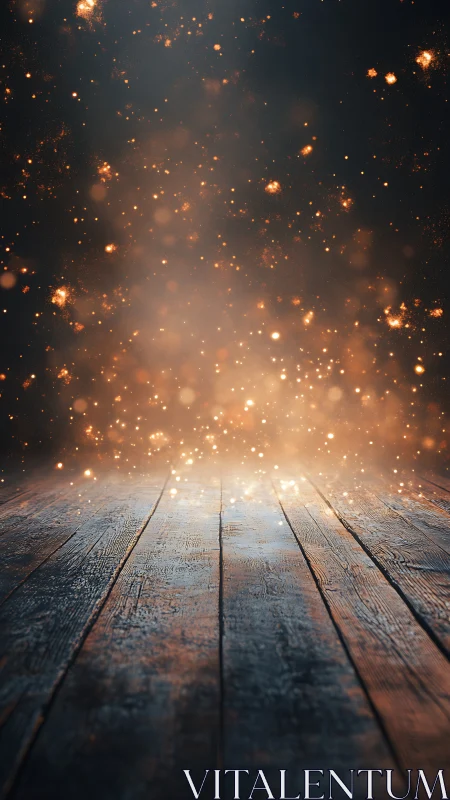 Wooden Floorboards with Particle Light Bokeh in Upward Perspective Composition