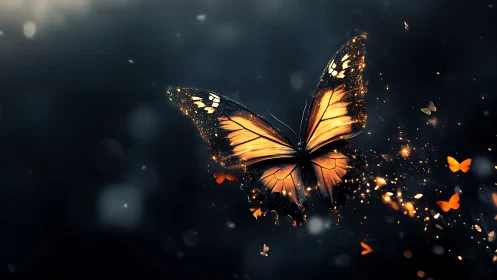 Orange glowing butterfly in dark abstract space background.