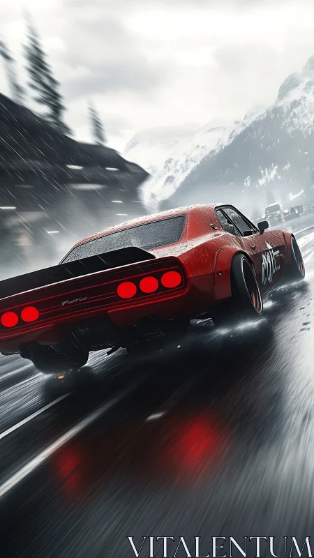 Rear-view drift shot of red tuner car on wet alpine highway