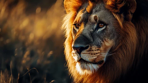 Male lion portrait captured in warm directional sunlight