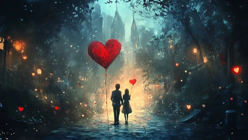 Two Hearts Dancing in the Rain Beneath a Glowing City