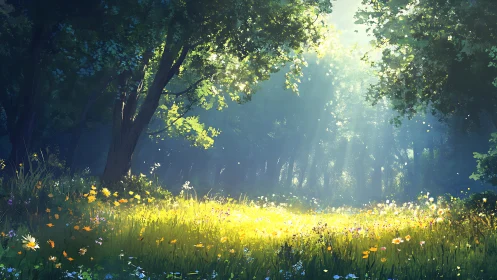 Sunlit forest glade opens into a gentle wildflower haven