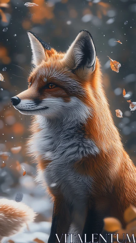 Red fox portrait in soft-focus autumn snowfall scene.