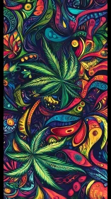 Psychedelic cannabis leaves swirl through neon abstract chaos