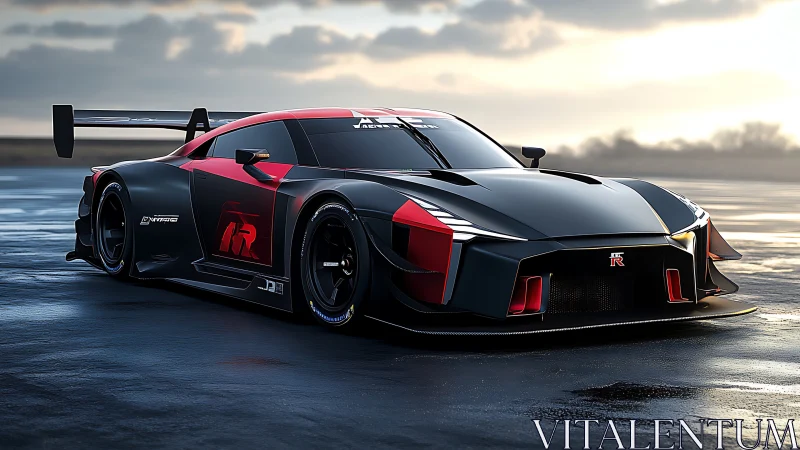 Aggressive black red GT race car on wet track at sunrise.