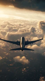 Airliner glides above city under dramatic sunset sky.
