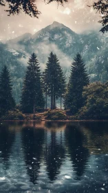 Whispering pines salute a mist crowned mountain mirror.