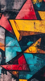 Warm geometric street mural alive with bold colorful shapes.