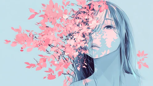 Petal-dusted gaze drifting through soft cyan silence.