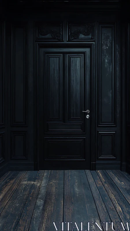 Dark paneled doorway with distressed wood floor textures.