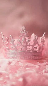 Pink crystal tiara sits centered on pale fabric background with soft focus