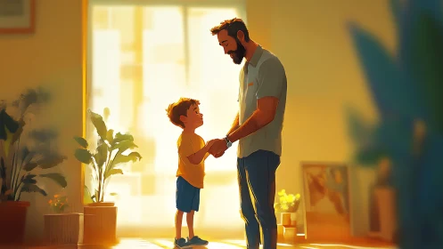 Sunlit domestic vignette of father child interaction dynamics.