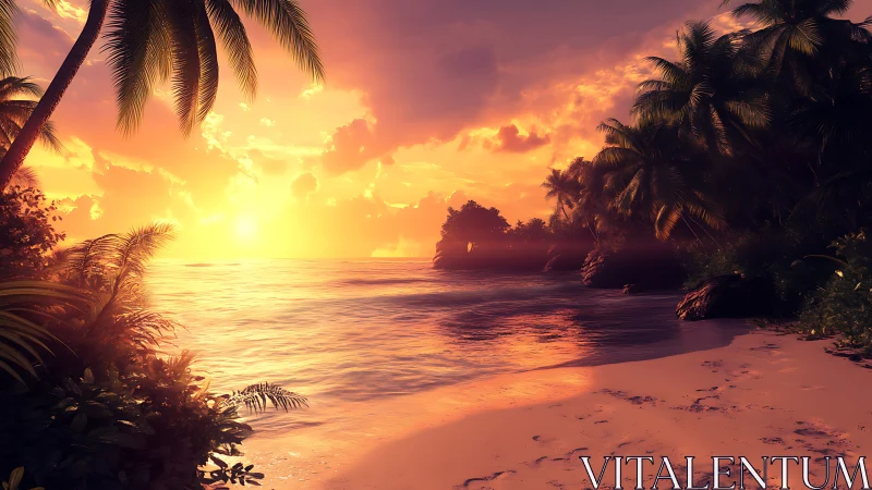 Tropical shoreline at vivid orange sunset light glow.