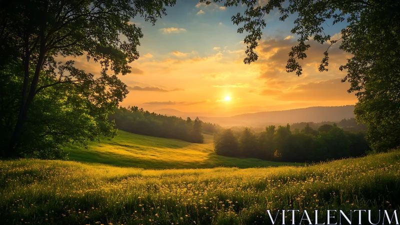 Sunlit meadow stretches toward distant forested hills at dusk
