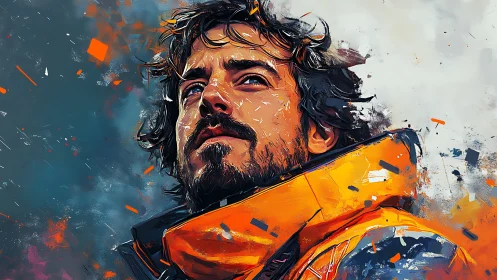 Warm-hearted adventurer in vivid orange jacket gazes ahead.
