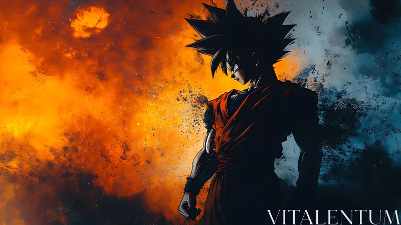 Silhouetted anime fighter stands before divided color field