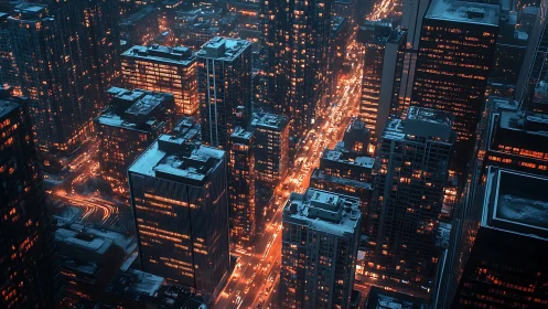 Elevated winter city grid with dense illuminated towers.