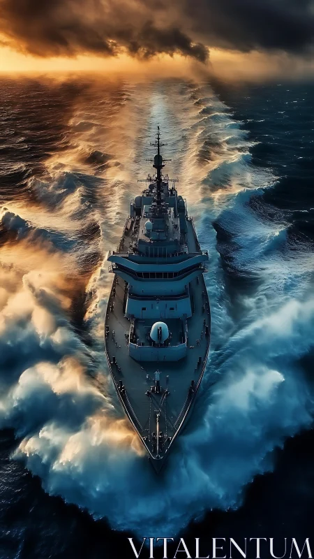 Naval destroyer cutting through rough sea at sunset.