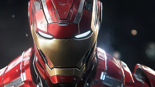 Metallic red and gold armored helmet is rendered frontally